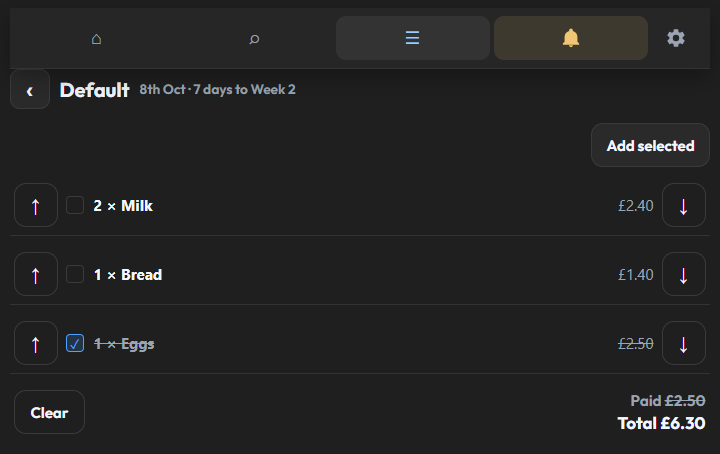 The Default cart, with the shop date beside the name, quantities, a bought item, Paid, and the total.