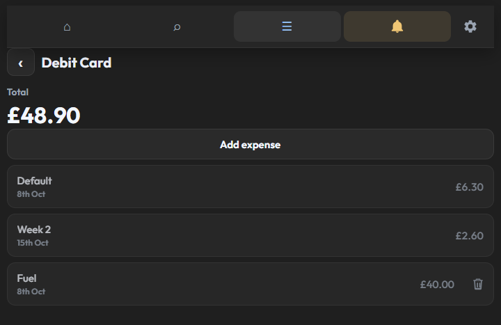 The Debit Card page, listing two carts and a fuel expense, each with a date.