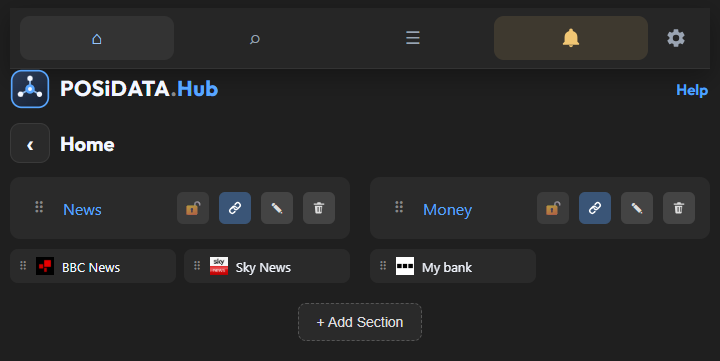 A page named Home, with News and Money sections and three links.
