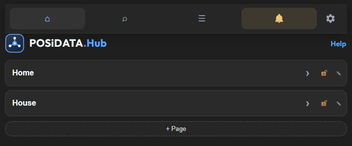 The Home page list, with Home and House, a lock, a pencil, and an add page button.