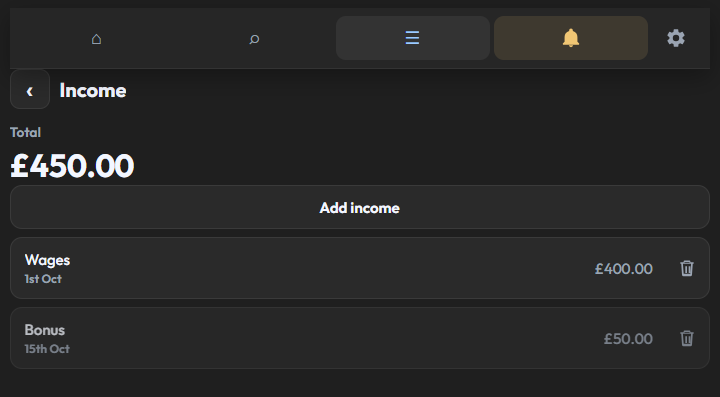 The Income page, with wages on the 1st of October and a bonus on the 15th.