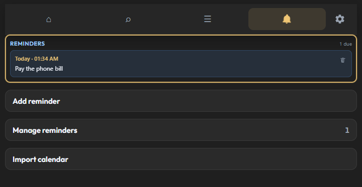 A reminder that is due, with buttons to add, manage, and import reminders.