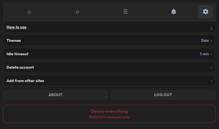 Settings, with themes, idle timeout, delete account, add from other sites, about, log out, and delete everything.