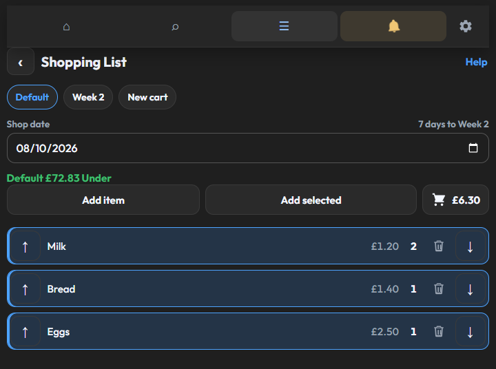 The shopping list, with two carts, a shop date, an under amount, and three items.