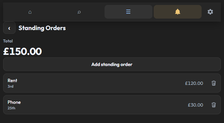 Standing orders listed as rent on the 3rd and the phone on the 25th.